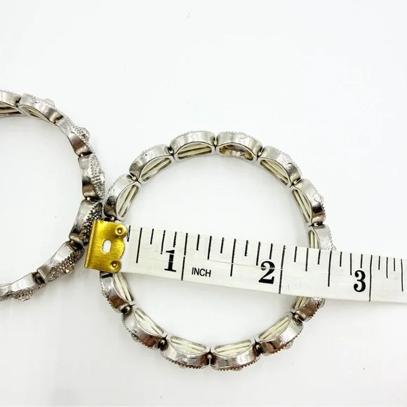Set of 2 Silver Tone Stretch Bracelets Rhinestone Disc Statement - Picture 7 of 7